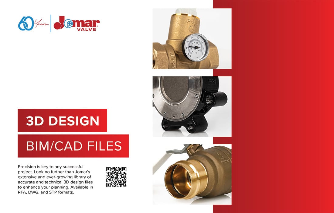 Jomar Valve advertises 3D design and BIM/CAD files with images of various valve components.