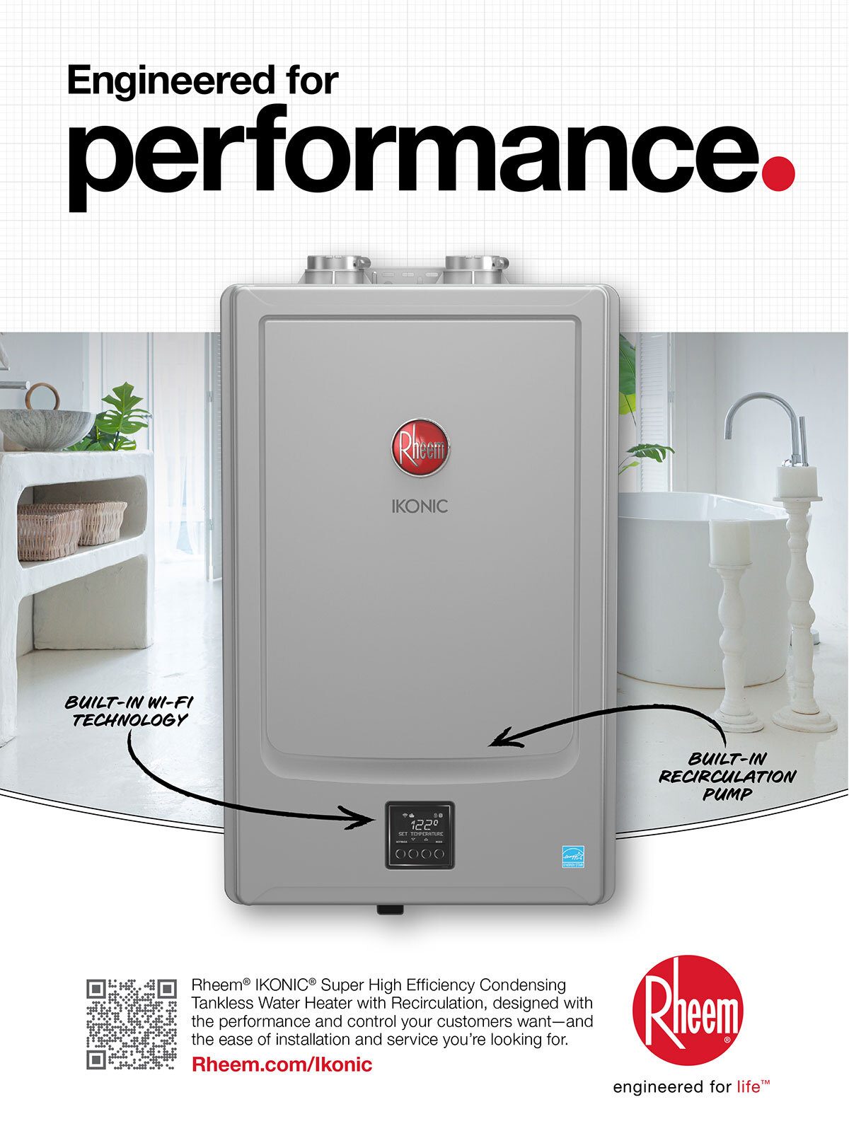 Rheem IKONIC tankless water heater engineered for performance with built-in Wi-Fi & recirculation.