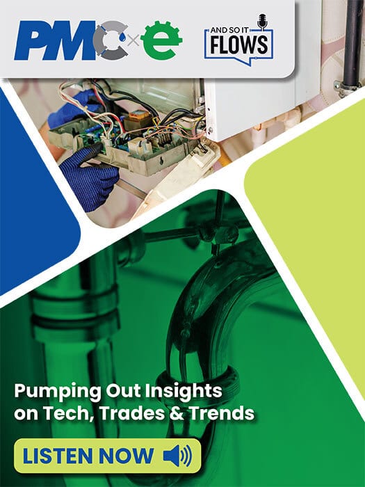 Ad for a PME trades podcast, showing electronics repair & plumbing, with 'LISTEN NOW'.