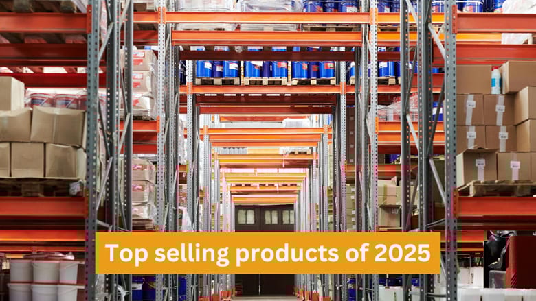 Warehouse aisle with tall, stocked shelves. Text overlay: 'Top selling products of 2025'.