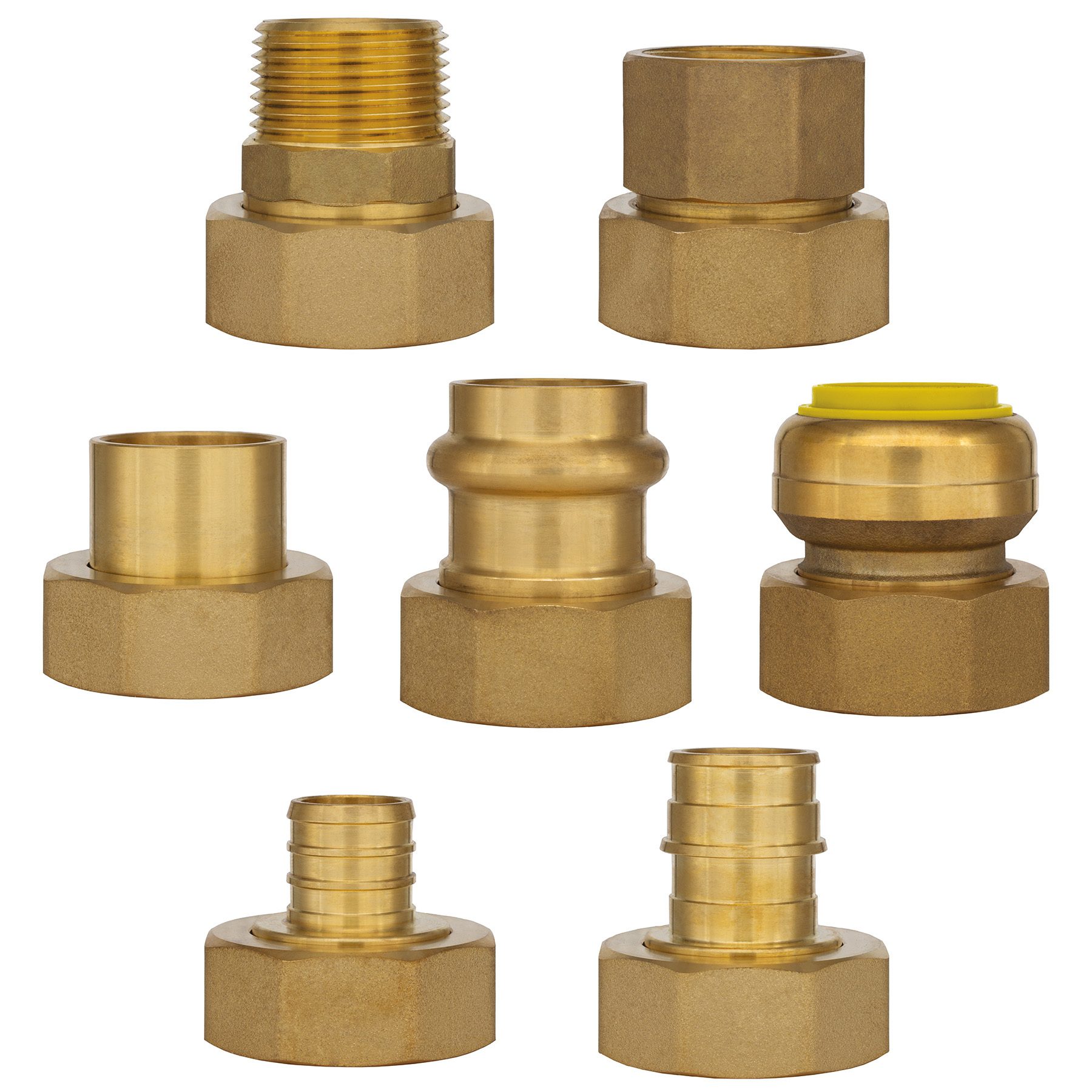 Seven brass plumbing fittings: threaded, press-fit, push-fit, and PEX types on white.