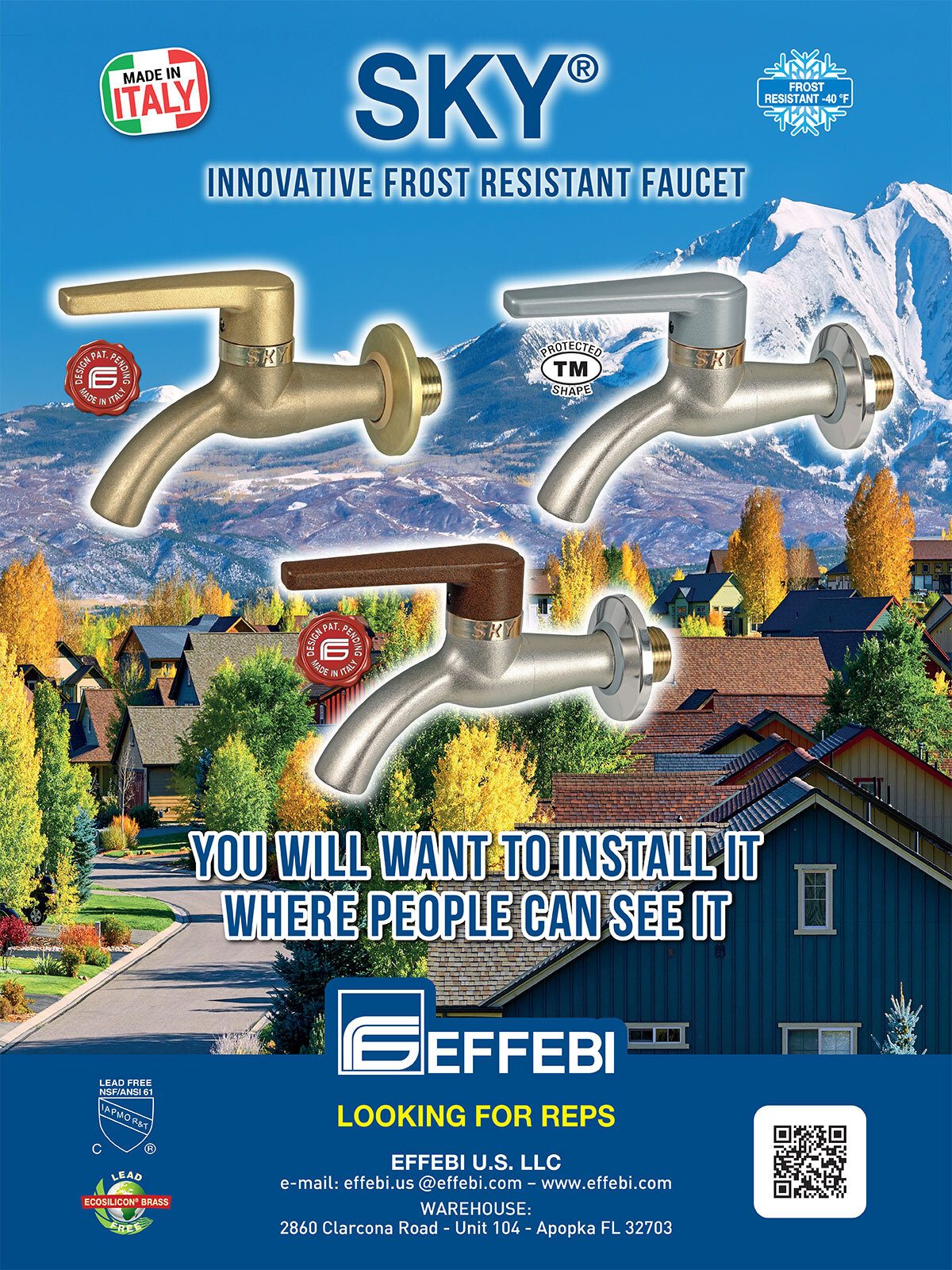 EFFEBI ad for SKY Innovative Frost Resistant faucets in gold, silver, and bronze finishes.