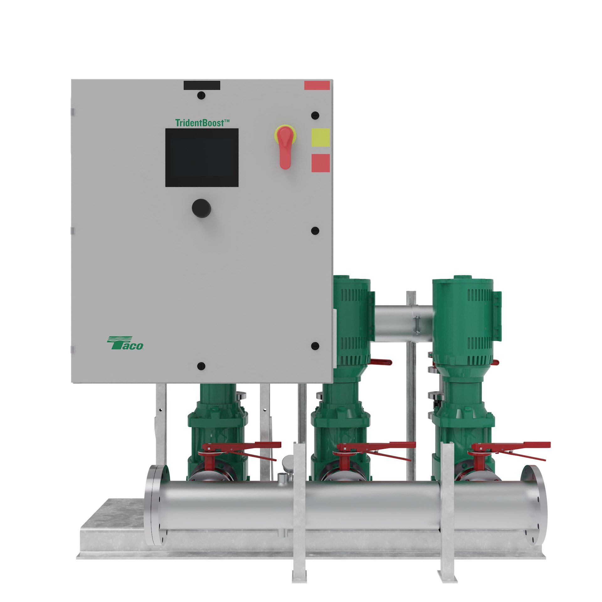 TridentBoost and Taco branded control panel with three green pumps, red valves, and silver pipes.