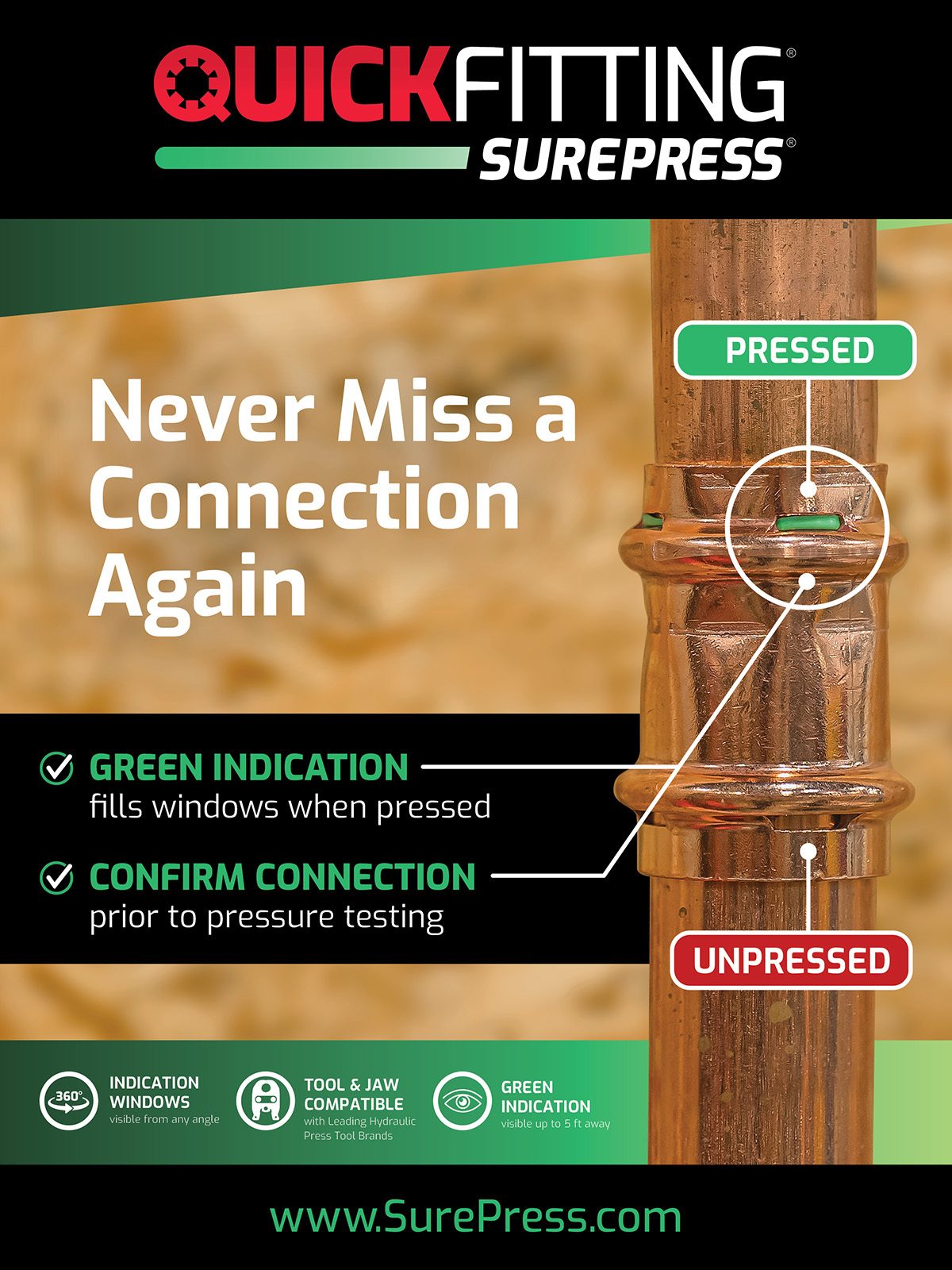SurePress QuickFitting shows how green indicators confirm a pressed connection and distinguish it from unpressed.