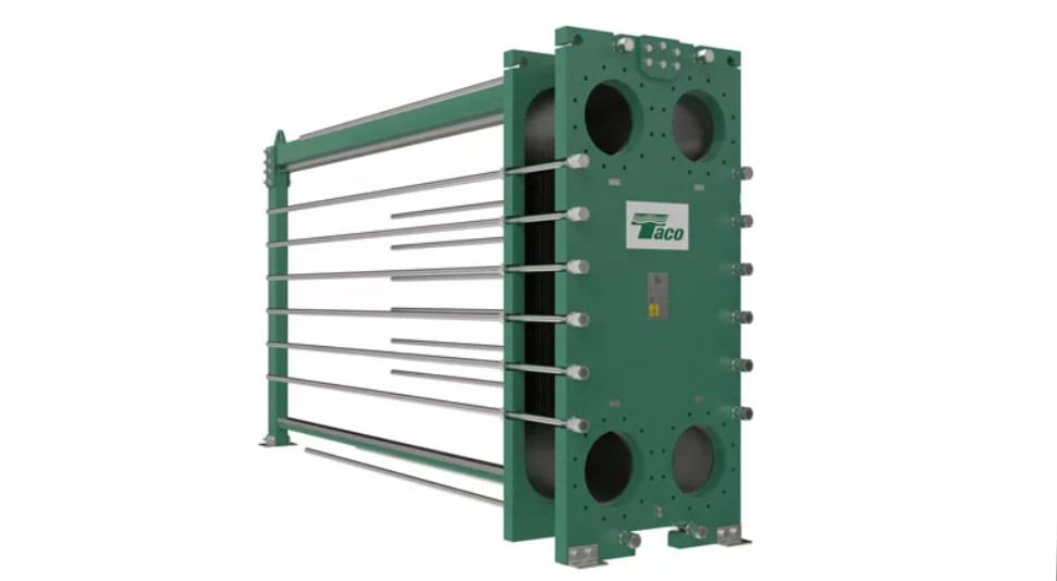 Industrial green plate heat exchanger with multiple plates and support rods, featuring a Taco logo.