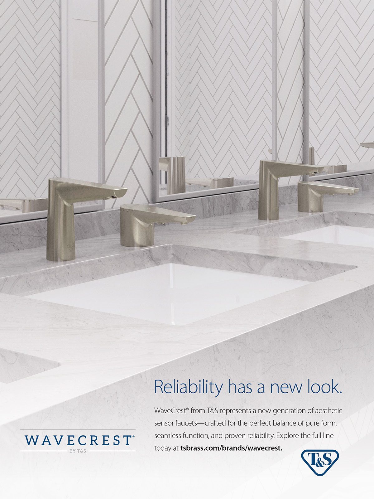 Silver WaveCrest sensor faucets on a marble countertop with white sinks and herringbone tile wall.
