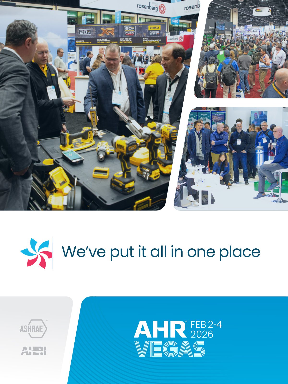 Busy trade show collage with attendees and product displays, promoting AHR Vegas 2026.