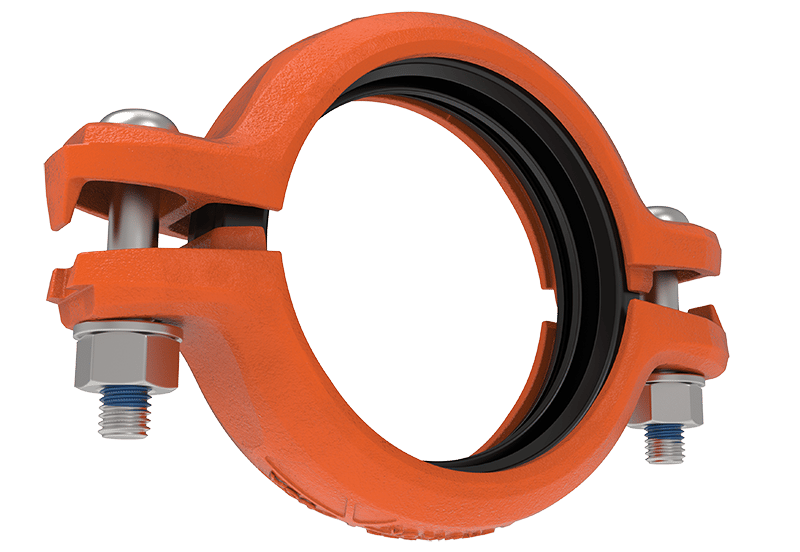 Orange grooved pipe coupling with black gasket and bolts.
