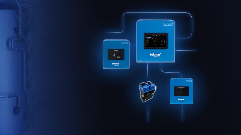 Tekmar smart heating controls and pump, connected by glowing lines on a dark background.