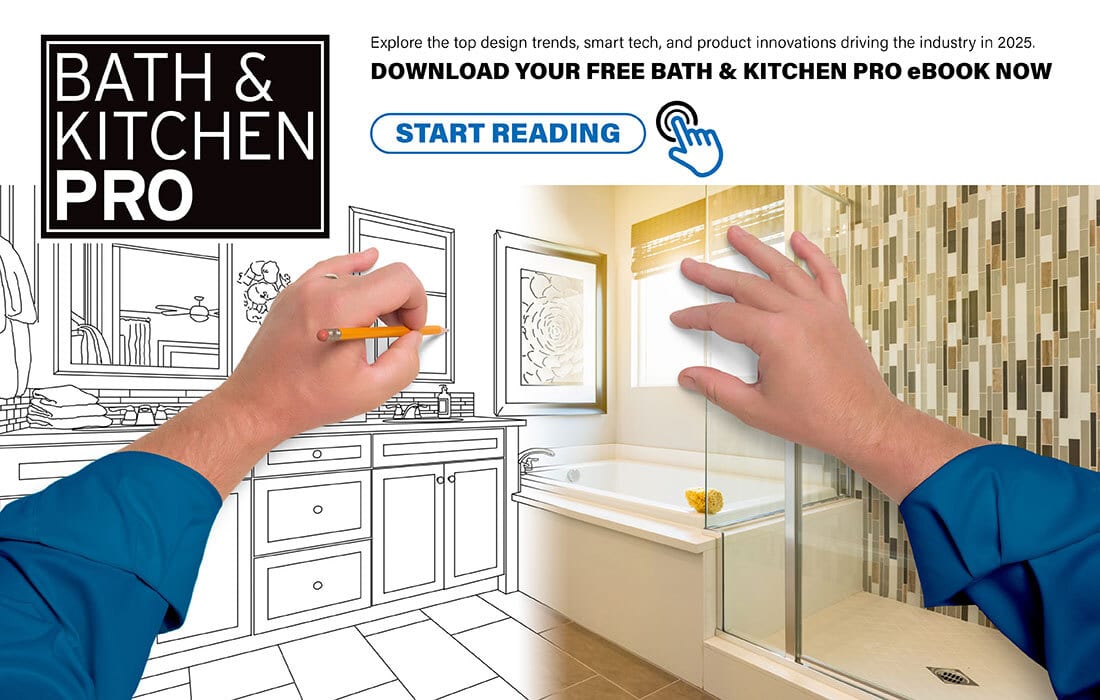 Hands drawing a bathroom design transitioning to a finished bathroom, promoting a Bath & Kitchen Pro ebook.