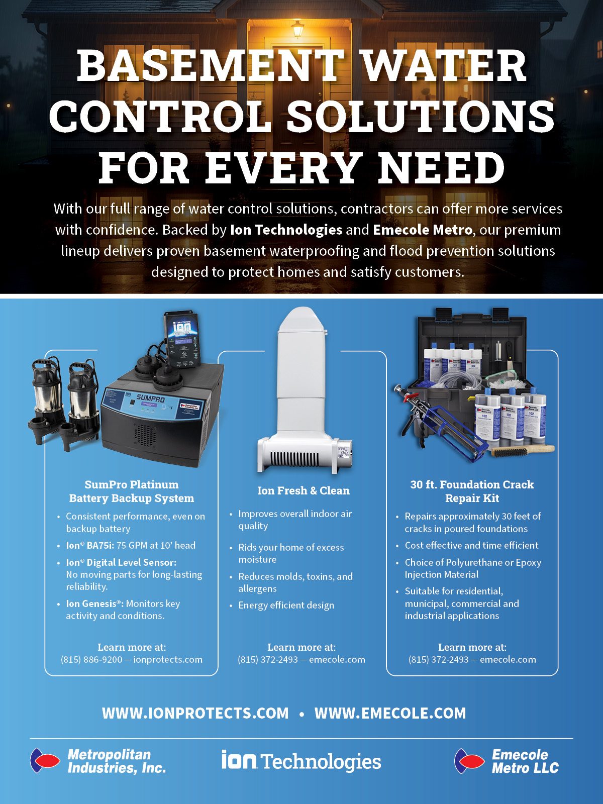 An ad for basement water control solutions, showcasing a battery backup system, air purifier, and crack repair kit.