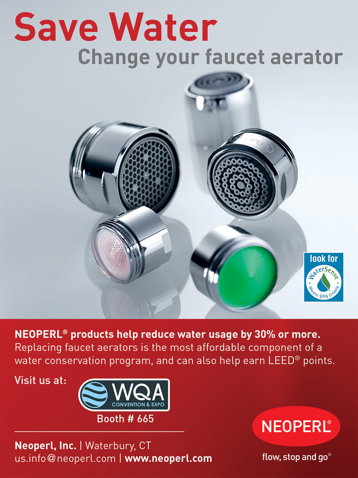 Various faucet aerators promoting water conservation by NEOPERL, visible with text 'Save Water'.