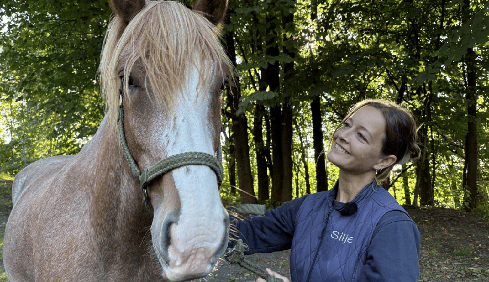 A smiling woman in a blue vest with "Silje" embroidered on it stands beside a horse in a sunlit forest.