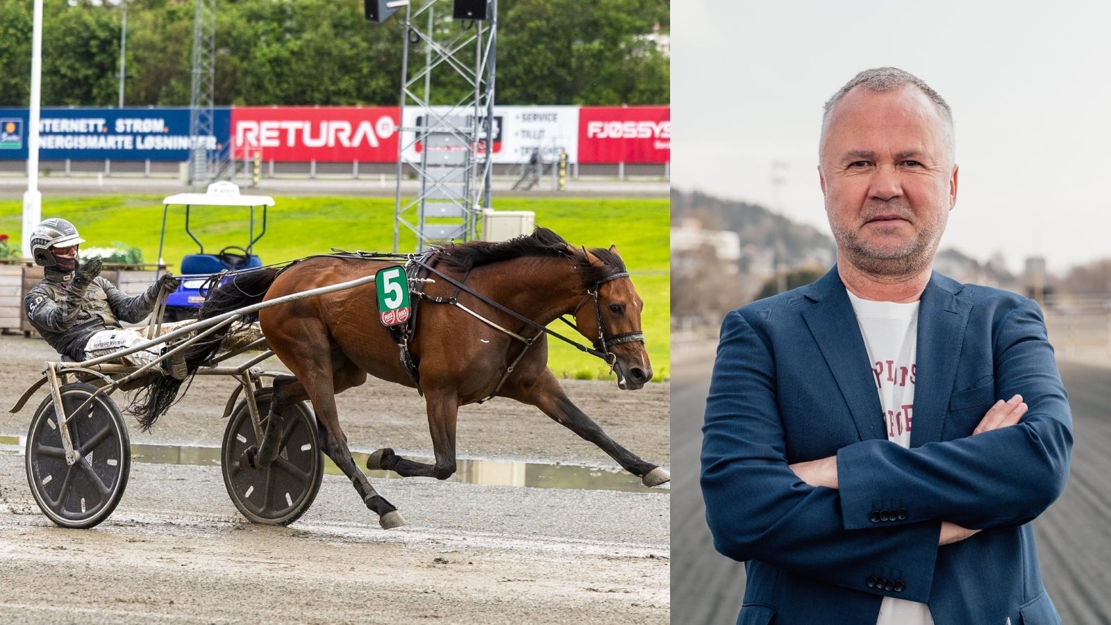 A split image showing a harness horse and jockey racing on the left, and a man in a blue blazer with arms crossed on the right.