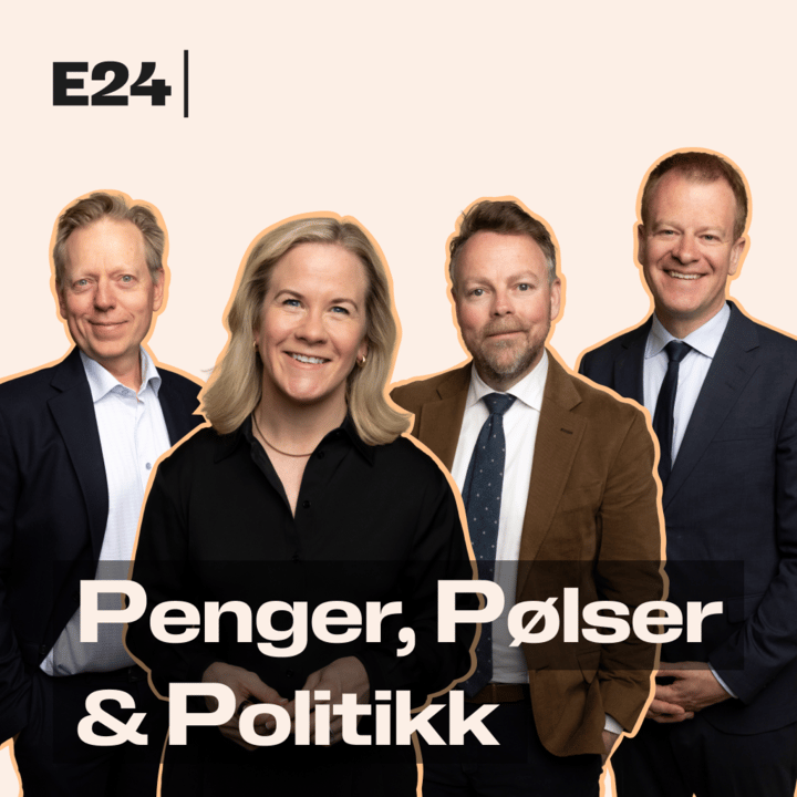 E24: Four smiling hosts of 'Penger, Pølser & Politikk'.