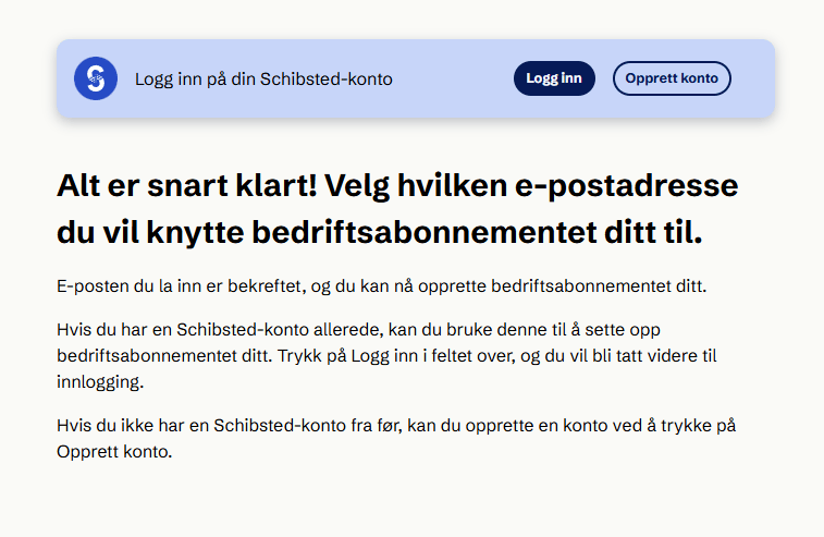 Norwegian webpage for business subscription setup, offering login or account creation.