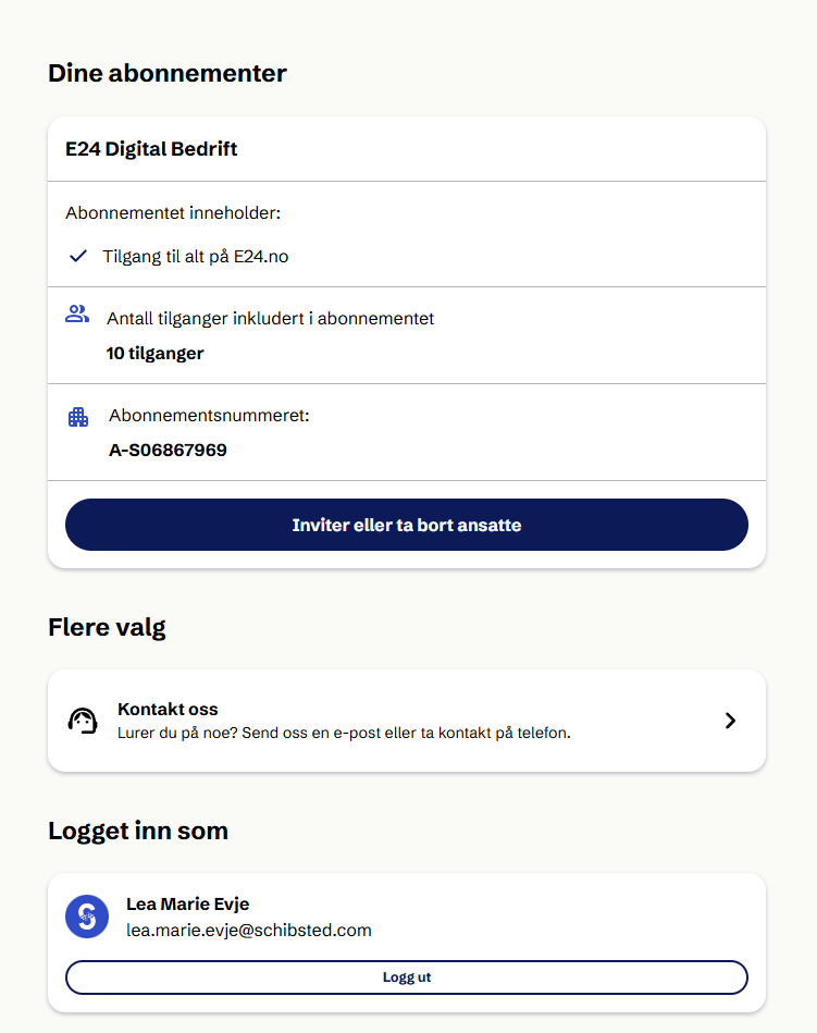 E24 subscription management page: business access details, employee invite, contact, and user info.
