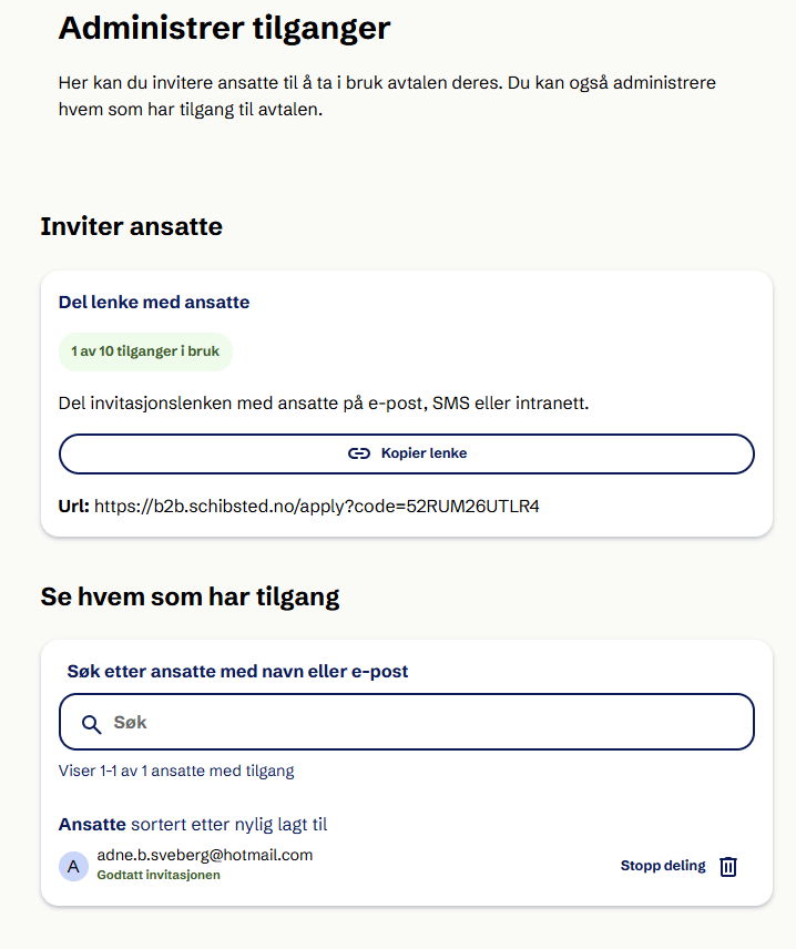 A user access management page in Norwegian, showing an invitation link and a list of users.