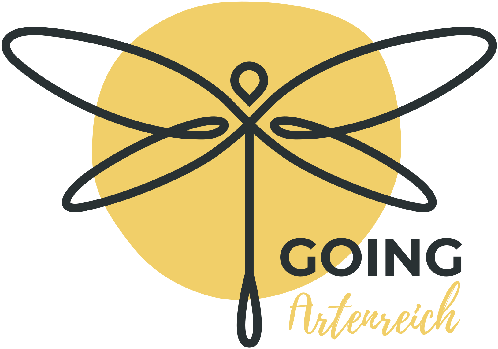 Dragonfly logo on yellow circle with "GOING Artenreich" text on green.