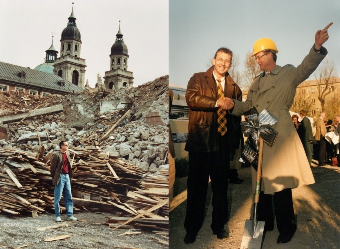 Diptych showing building demolition rubble and a groundbreaking ceremony.