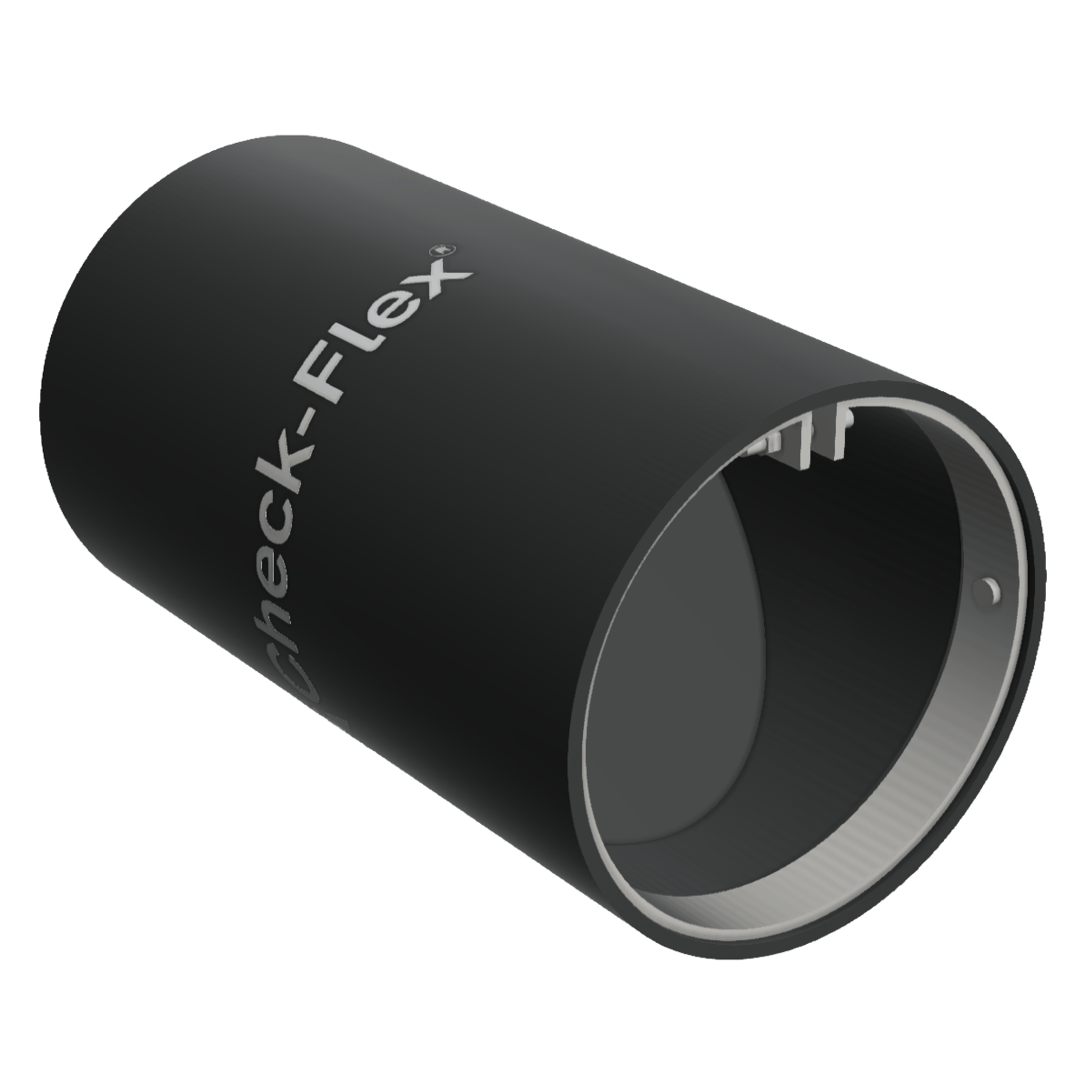 Black cylinder labeled "check-flex", open at one end.