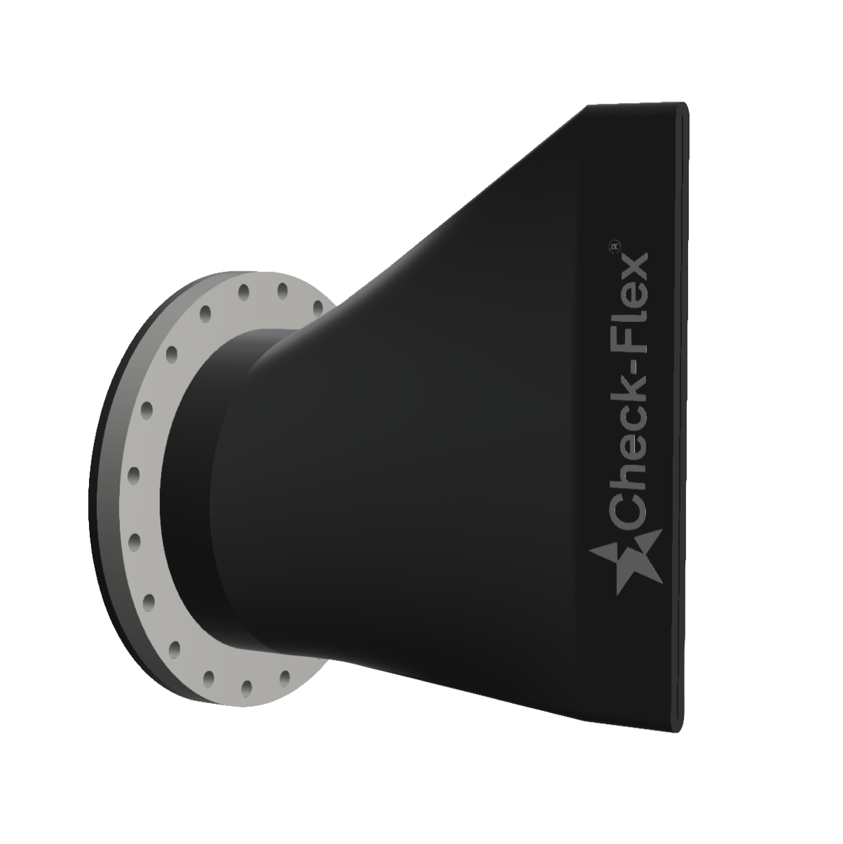 Black Check-Flex tapered industrial valve with a grey flange.