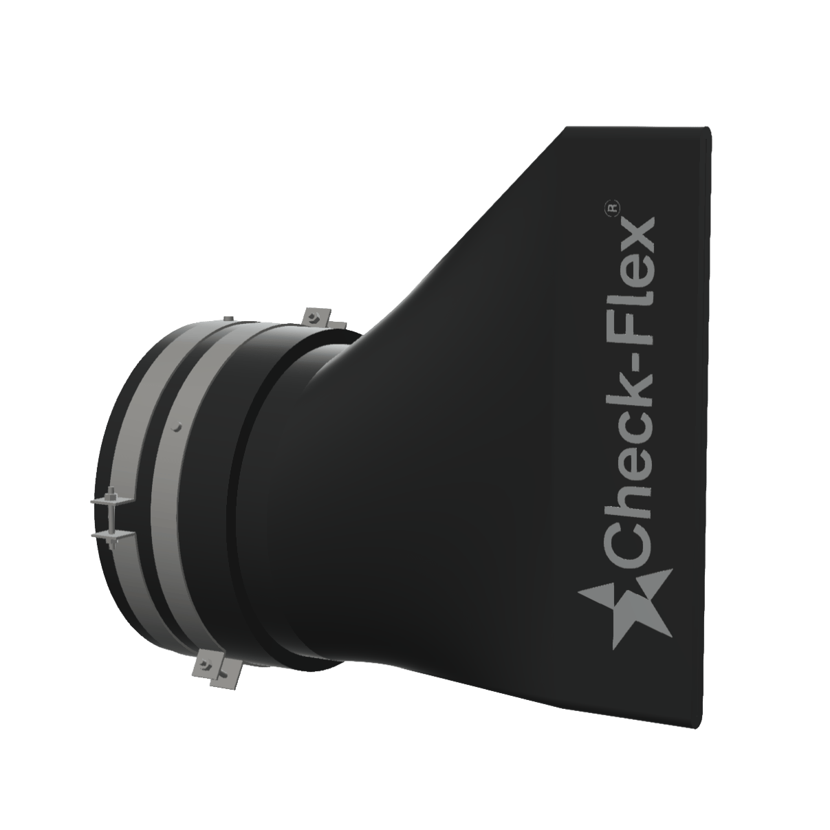 Black Check-Flex check valve with metal bands on a dark green background.