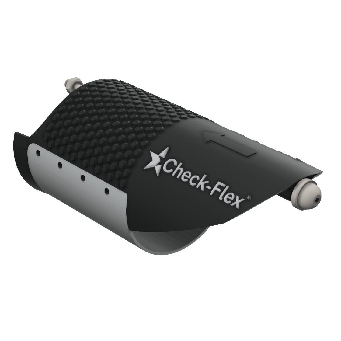 Black and grey Check-Flex industrial flow component with a textured top and arrow.