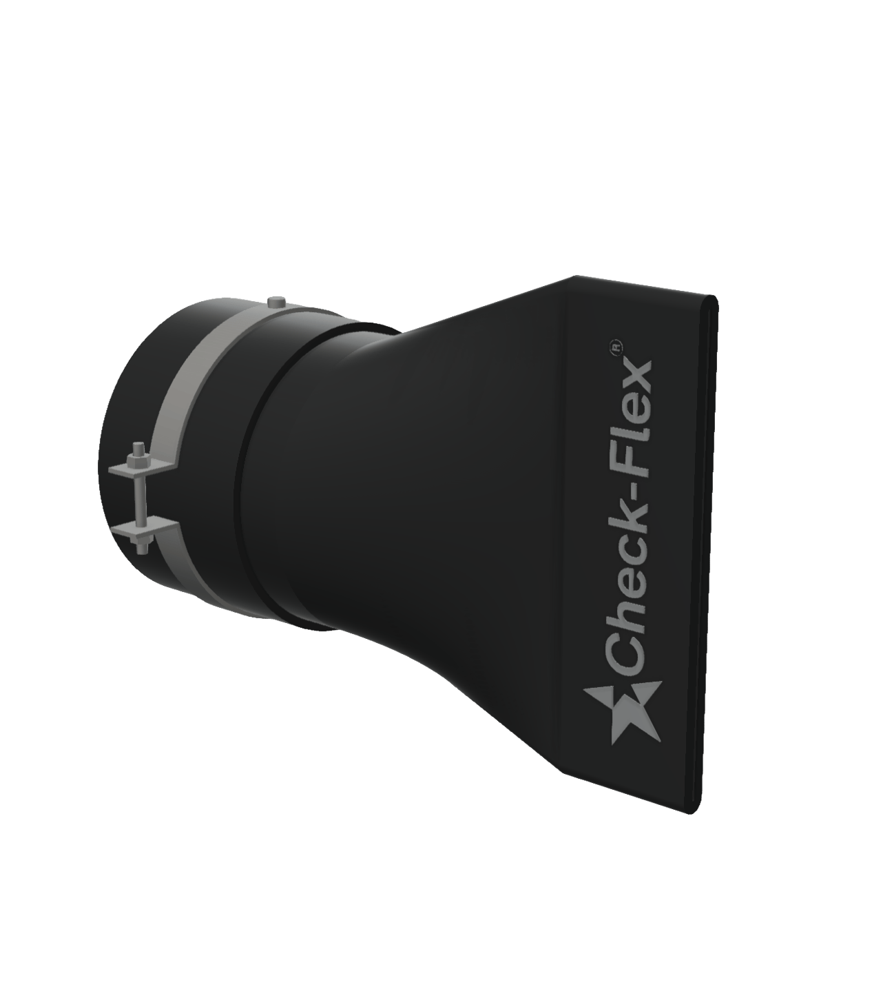A black flared nozzle or vent with a silver clamp and a "Check-Flex" logo on a dark green background.