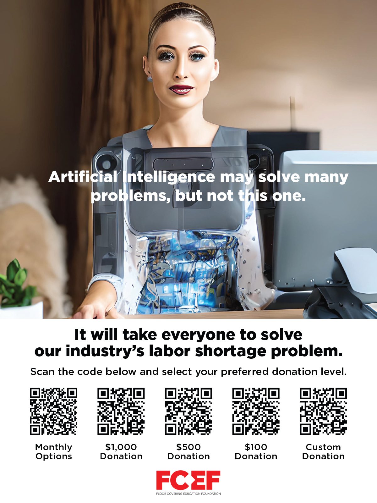 AI-like woman, text "AI won't solve labor shortage." FCEF ad seeking donations via QR codes.