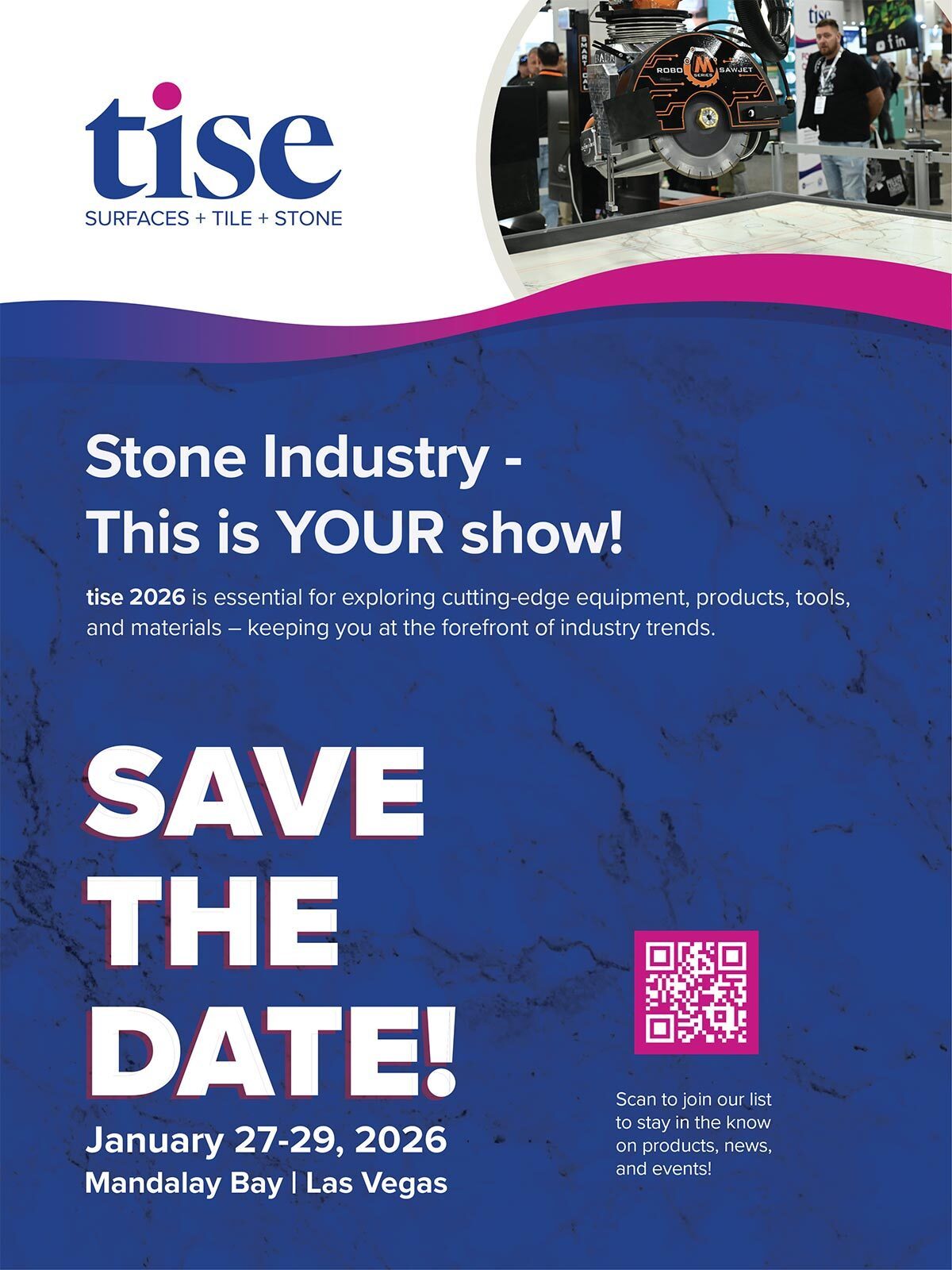 Flyer for TISE 2026: Stone Industry show, January 27-29, 2026, Mandalay Bay, Las Vegas.