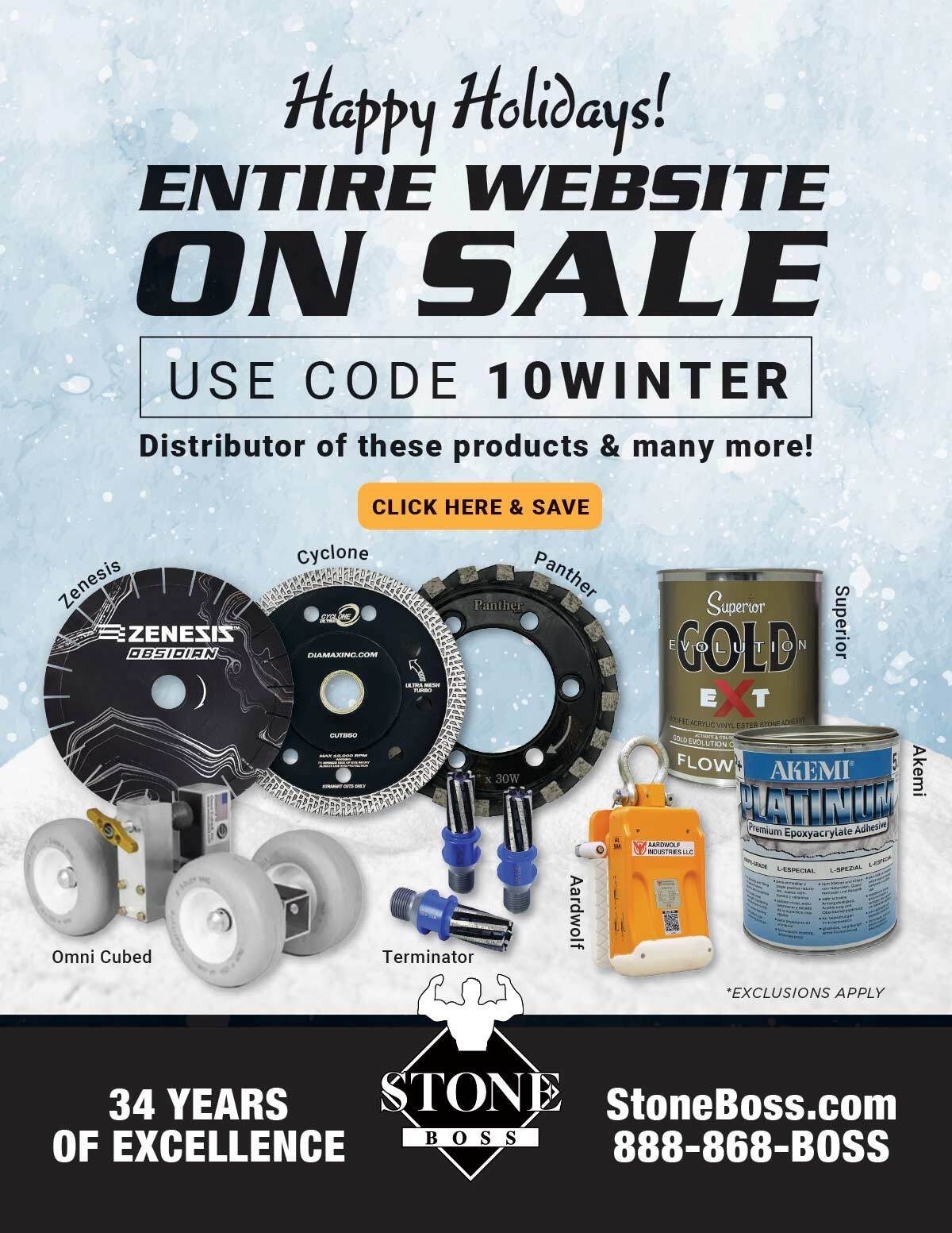 StoneBoss holiday sale: "ENTIRE WEBSITE ON SALE," code 10WINTER, featuring tools and adhesives.