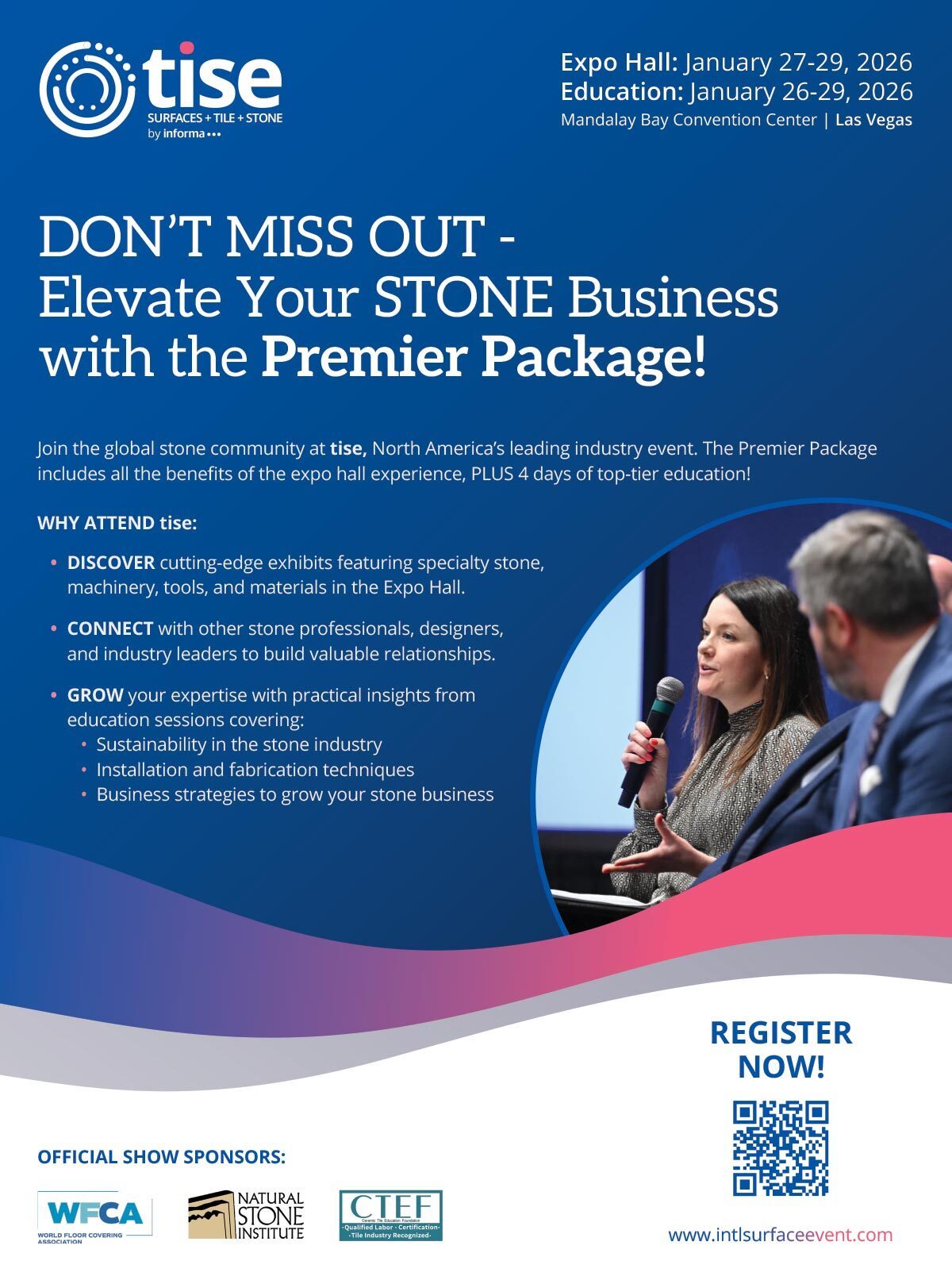 TISE 2026 event flyer: Elevate your stone business. Las Vegas, Jan 26-29. Register now!