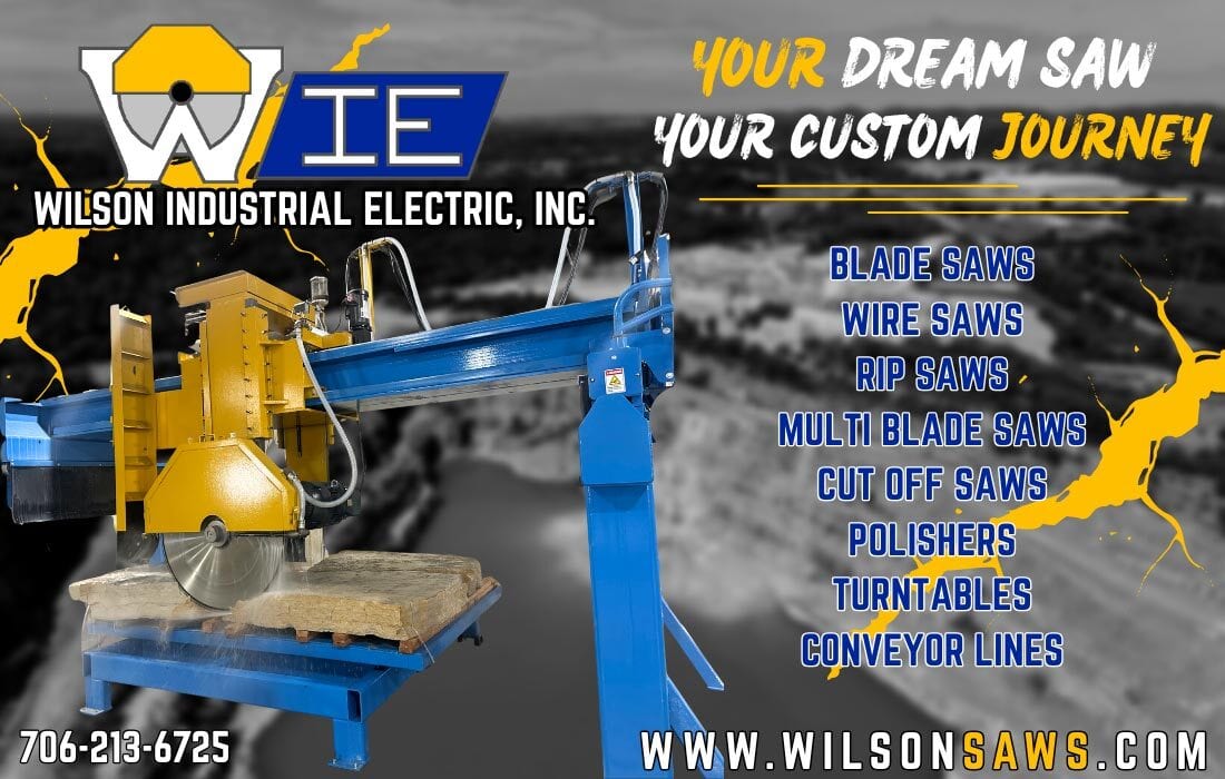 Ad for Wilson Industrial Electric (WilsonSaws): industrial saw cutting stone, lists various saws and equipment.