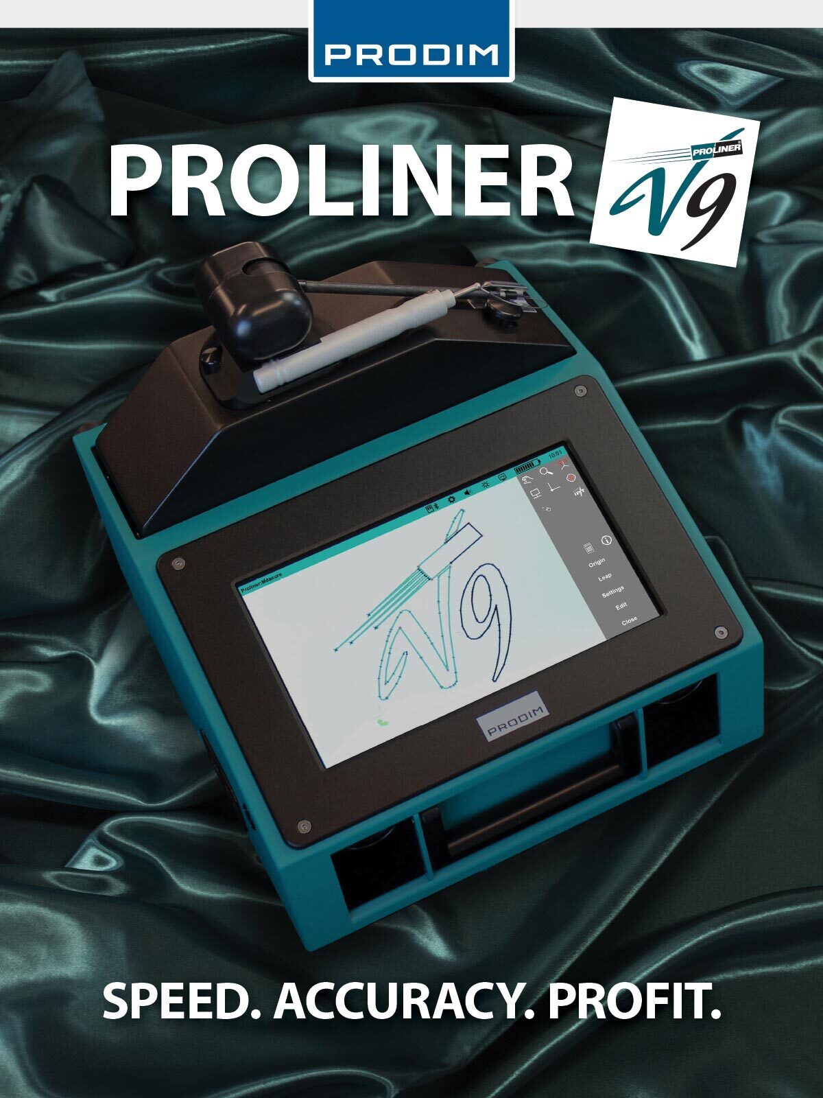 PRODIM Proliner N9 measurement device with screen showing graphic and text: "SPEED. ACCURACY. PROFIT."