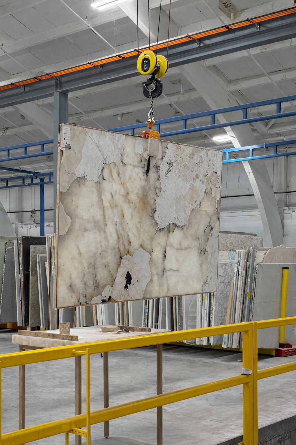 Large marble slab with streaks of gray and beige hangs in a warehouse, suspended by a crane. The setting is industrial, with stacks of slabs and a yellow railing.