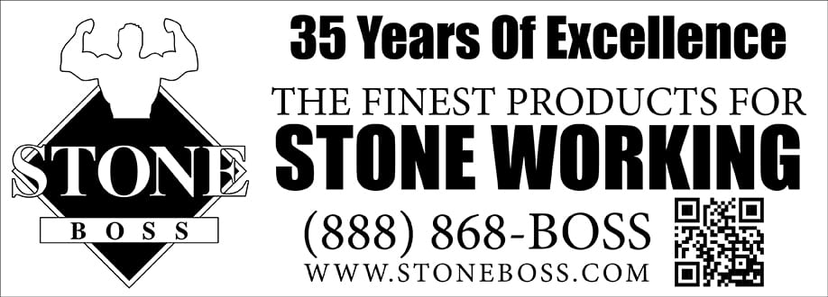 Stone Boss ad: strongman logo, "35 Years Of Excellence" in stone working products, contact info, QR.