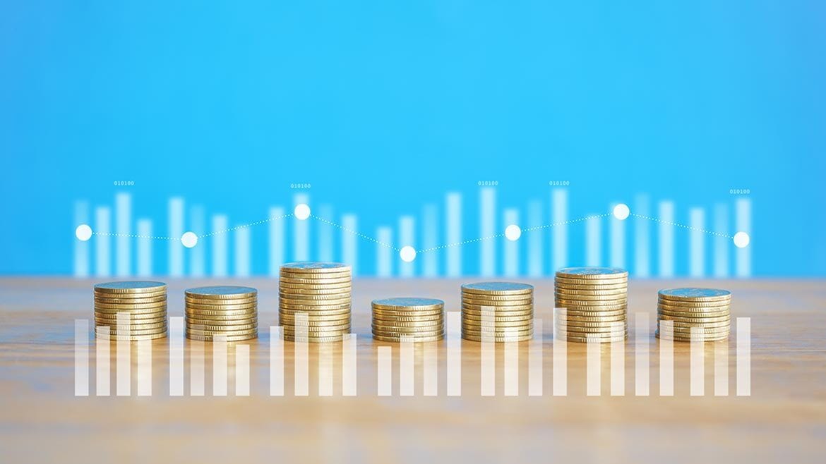 coins, stack, arrows, increase, money