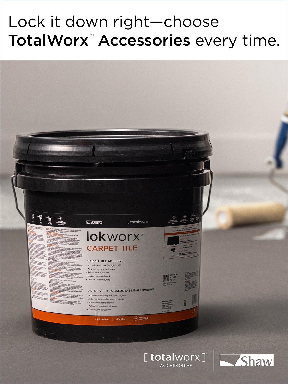 Black bucket of Shaw lokworx carpet tile adhesive.