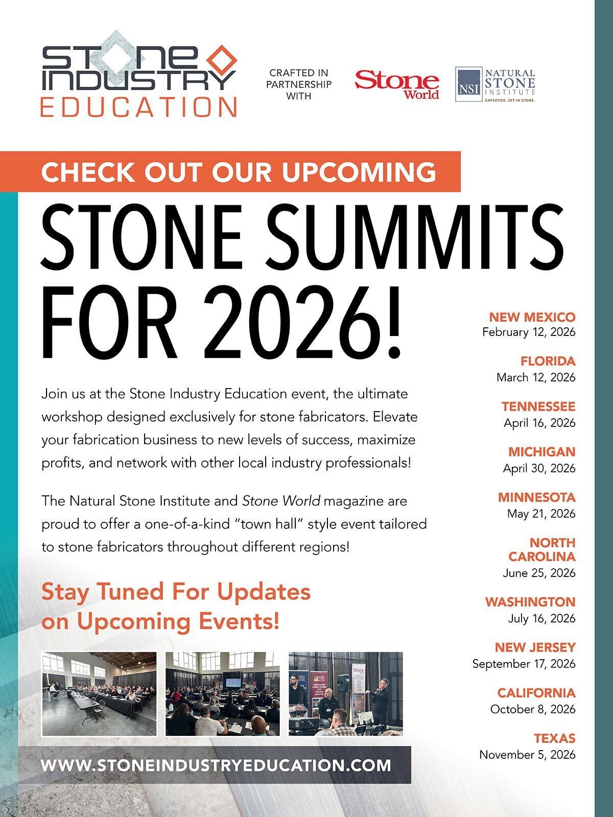 Advertisement for Stone Industry Education's 2026 Stone Summits, listing event dates and locations.