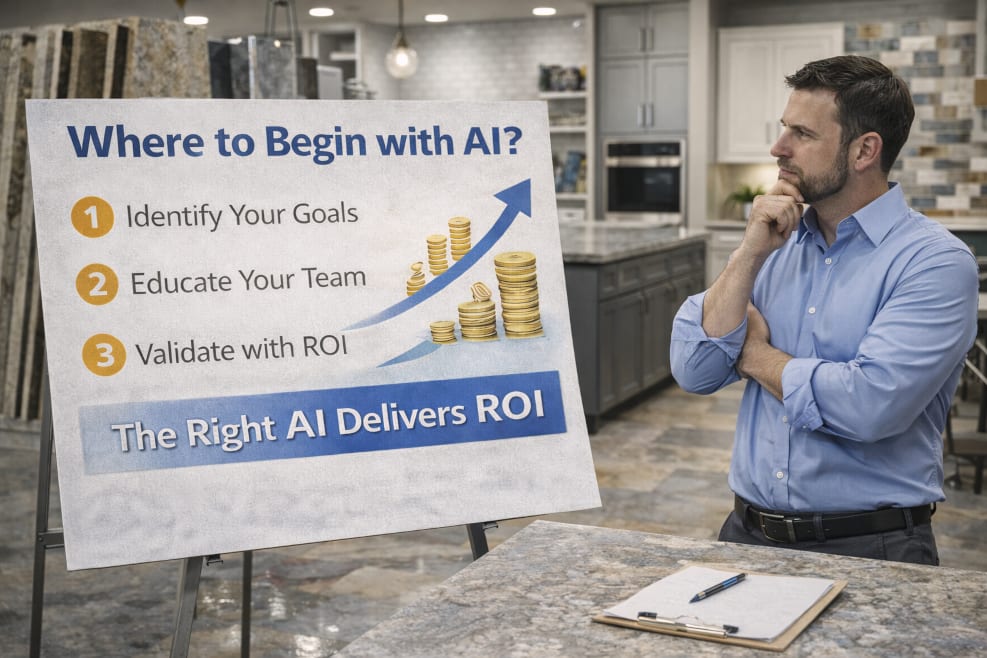 ChatGPT AI created image of a stone professional in a sals room looking at a chart saying: Where to begin with AI? 1. Identify your goals2. Educate your team3. Validate with ROIThe right AI delivers ROI