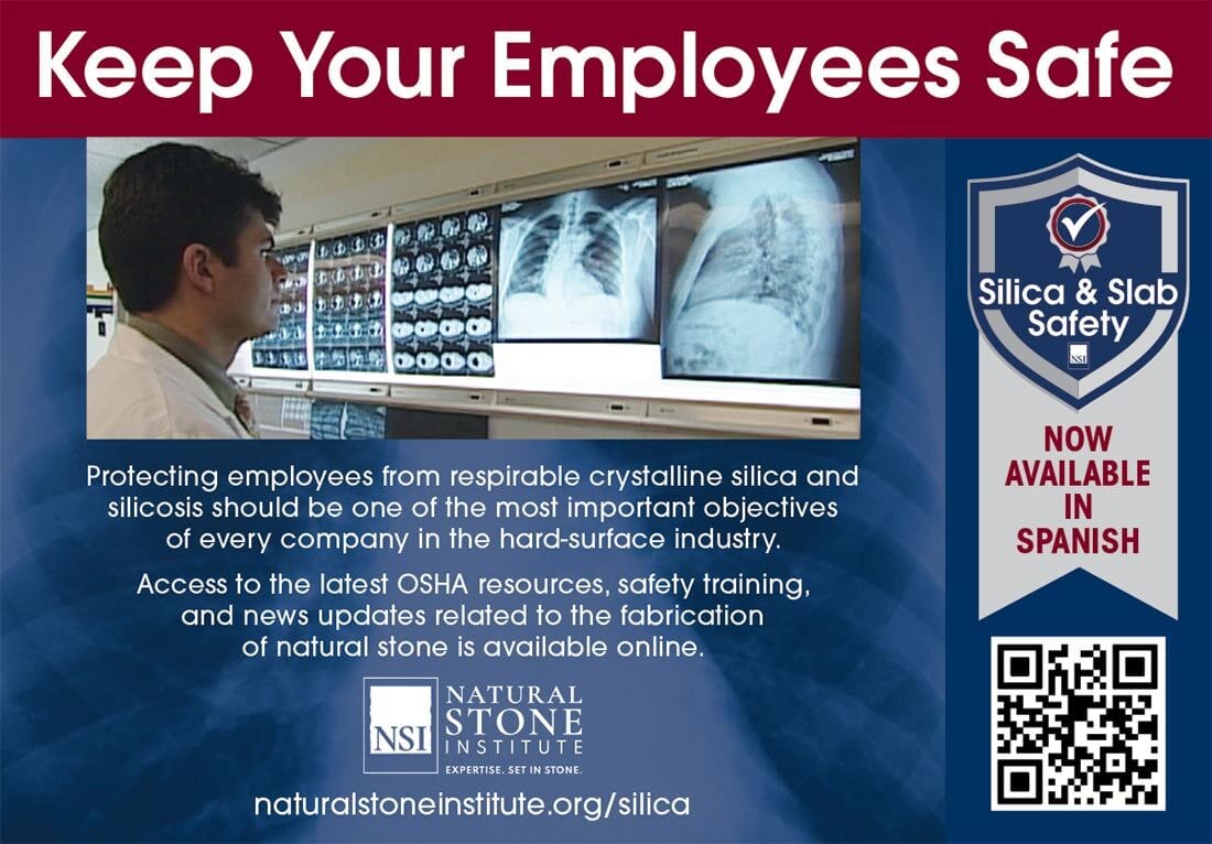 Ad: Keep Employees Safe from Silica. Doctor views X-rays; links to naturalstoneinstitute.org/silica.