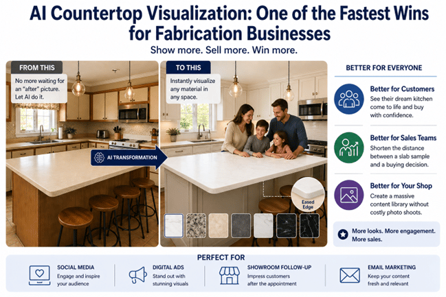 AI image: AI Countertop visualization. Giving a before and after image so clients can see the countertop installed and what it will look like before any construction begins