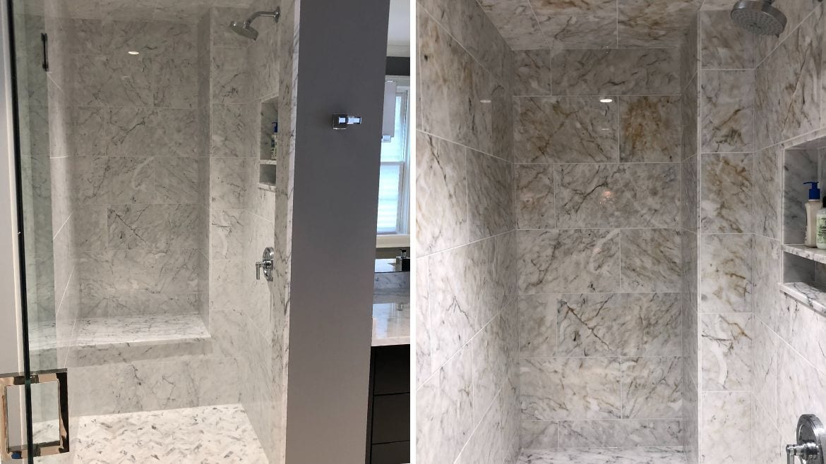 Marble, shower, iron oxide discoloration, Interior design, Plumbing fixture, Wall, Flooring, Floor, Tile, Bathroom