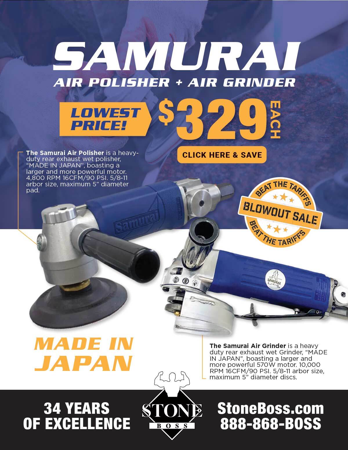 Samurai Air Polisher & Grinder, Made in Japan. Lowest Price $329 Each. Blowout Sale.