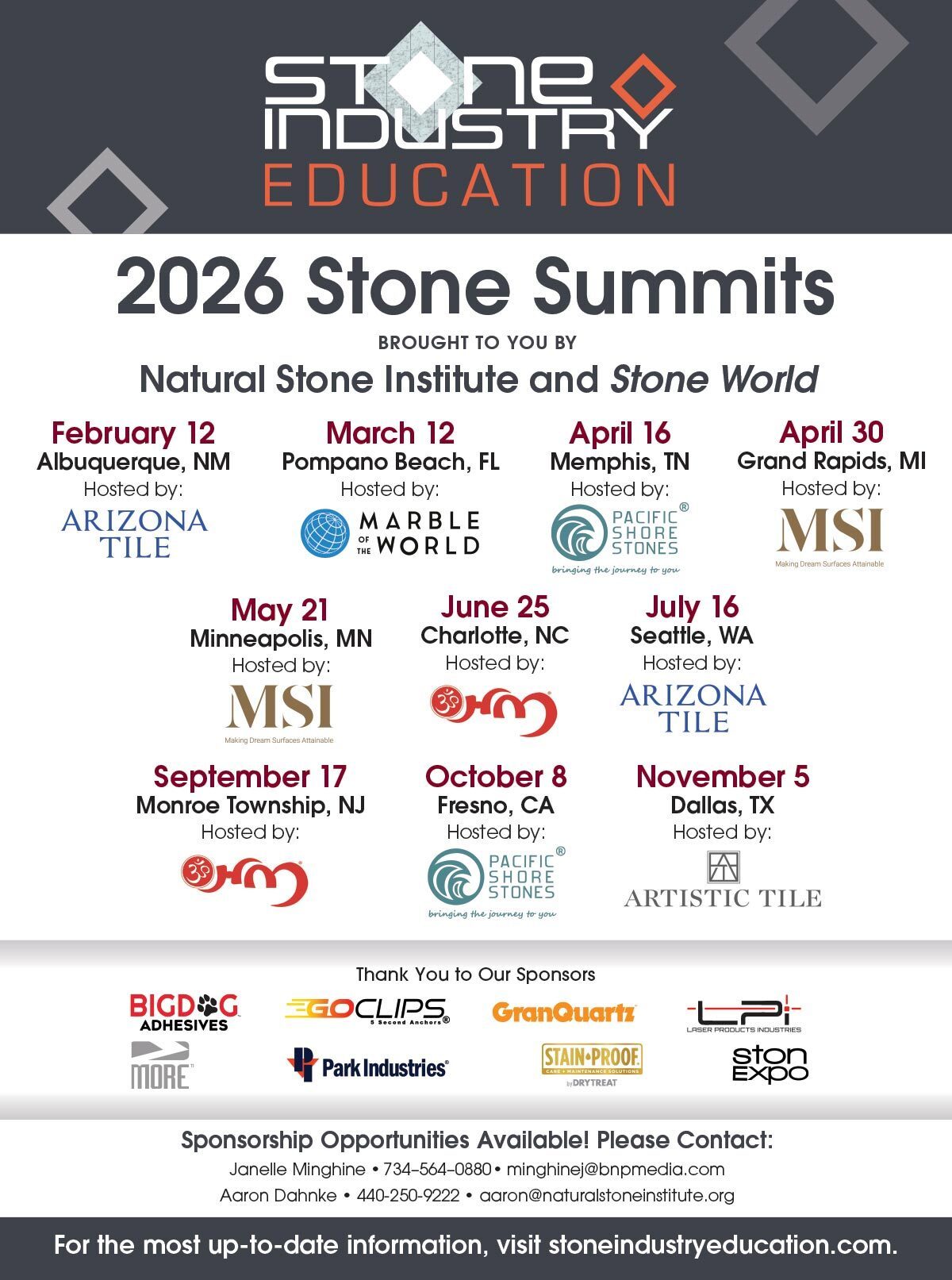 2026 Stone Summits schedule, organized by Stone Industry Education, with event details and sponsors.
