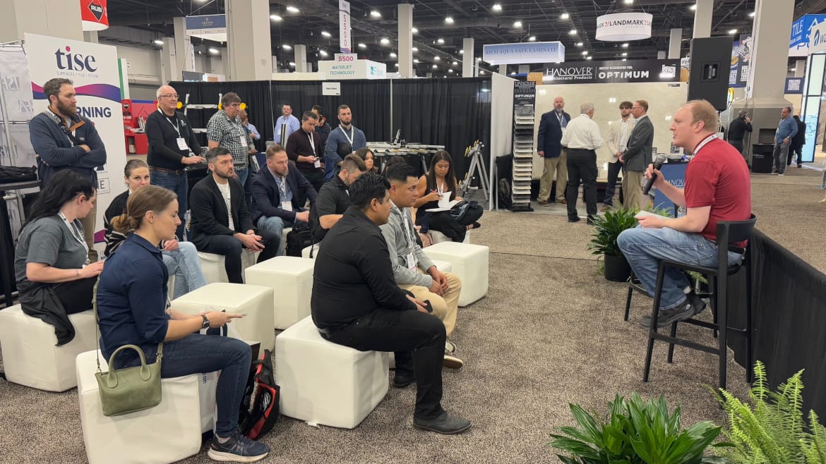 people sitting and listening, women, men, Mexican, Hispanic, tise, training, session, speaker, microphone, show, convention, SW, Stone World, Jennifer Richinelli