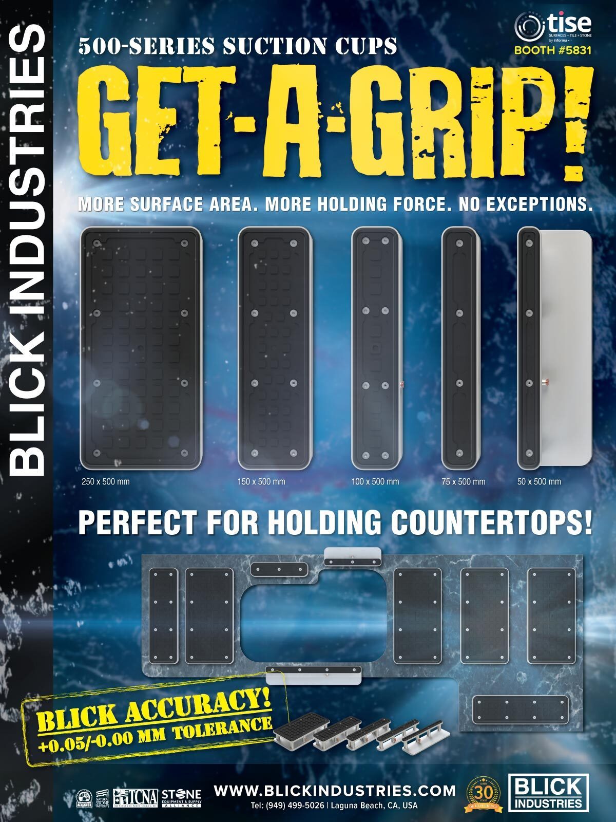 Blick Industries 500-Series Suction Cups ad. 'Get-A-Grip!' for holding countertops. Various sizes.