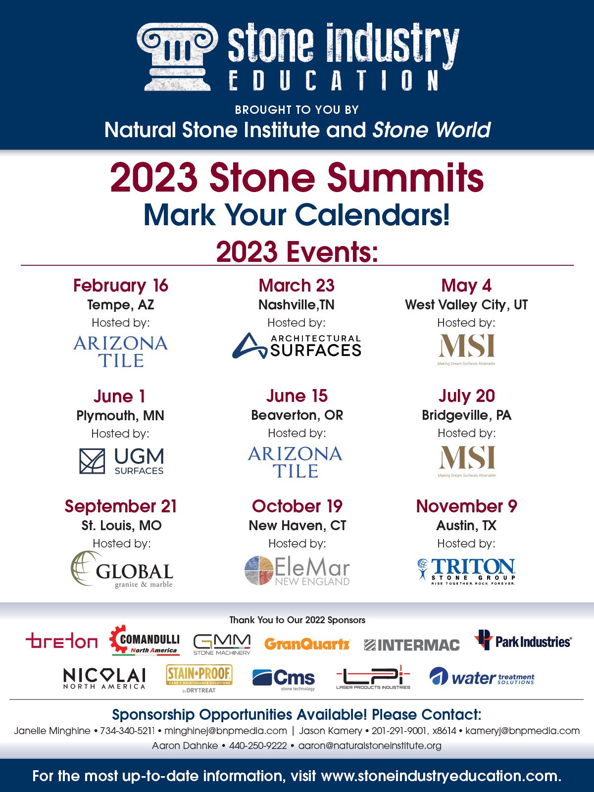 Natural Stone Institute Stone World, 2023 Ston Summits, Stone Industry Education