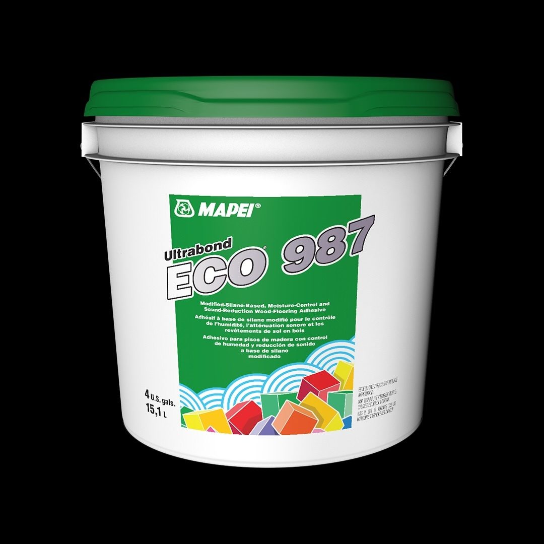 Ultrabond ECO 987, MAPEI, premium, single-component, heavy-body wood-flooring adhesive, hybrid-polymer, formulation free from water, solvents, amines, isocyanates, phthalate plasticizers, and epoxy resins